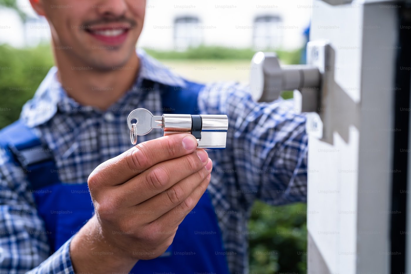 Locksmith holding a euro lock cylinder with key inserted